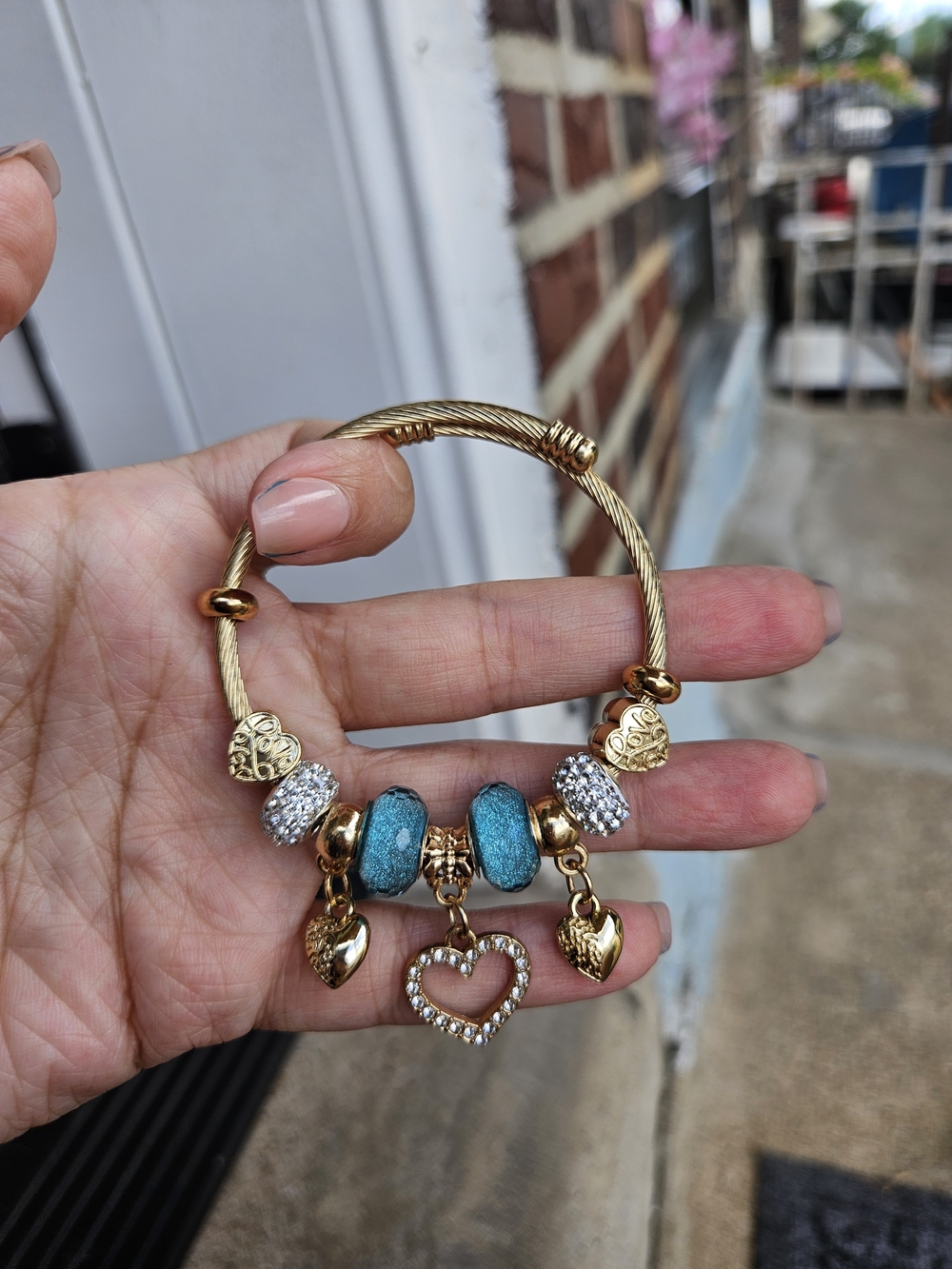 Bracelet with Teal Beads and Heart Charms